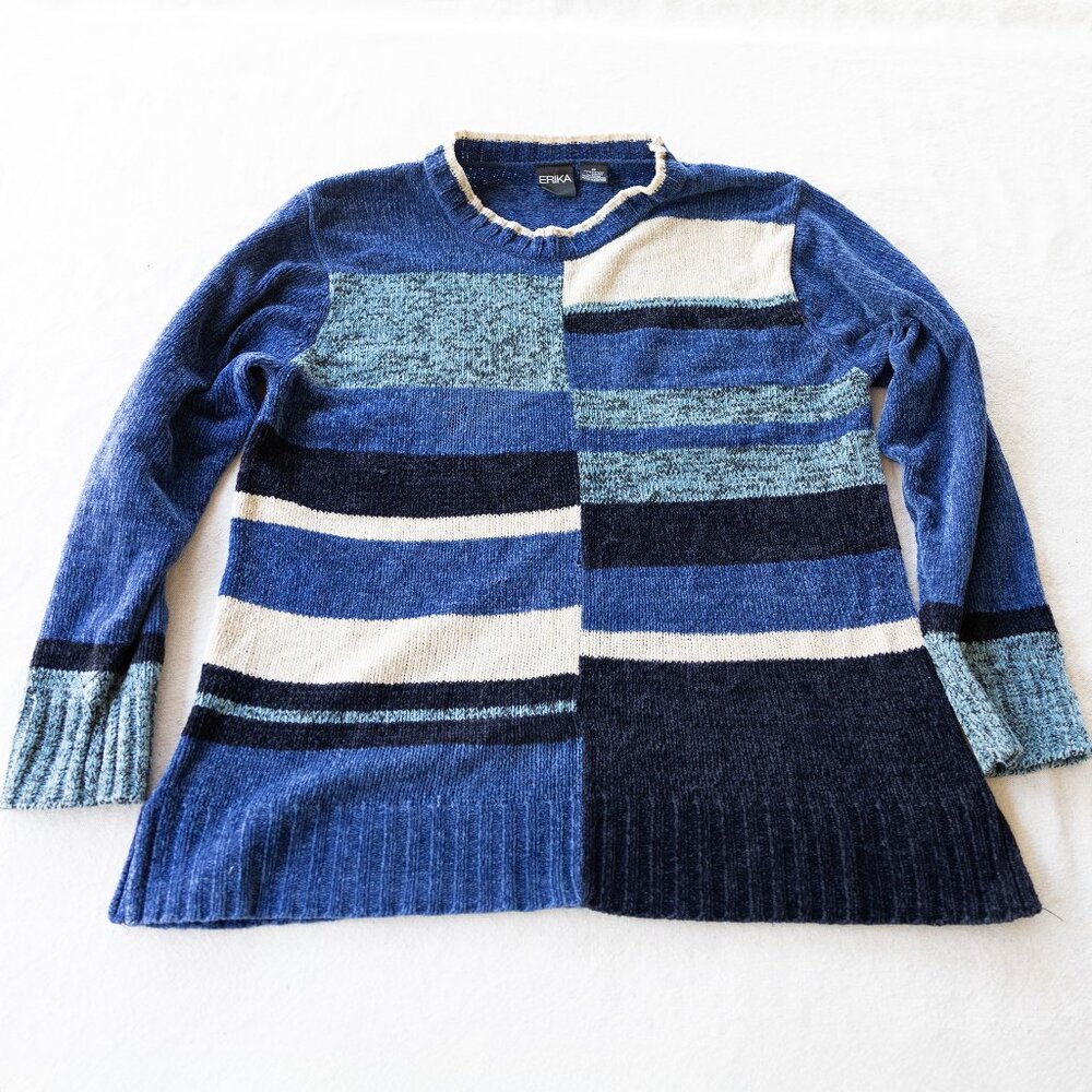 Vintage 90s Patchwork Knit Sweater Blue Striped | Retro
